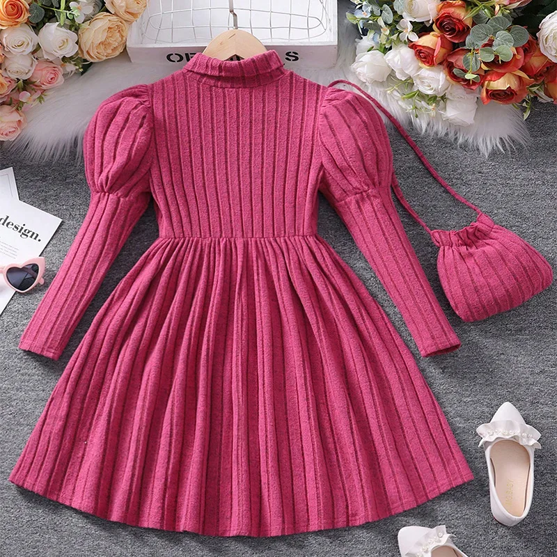 Winter Girl Girl High Collar Sheep Leg Sleeves Knitted Pit Striped Pink Dress Crossbody Bag Princess Birthday Party Dress