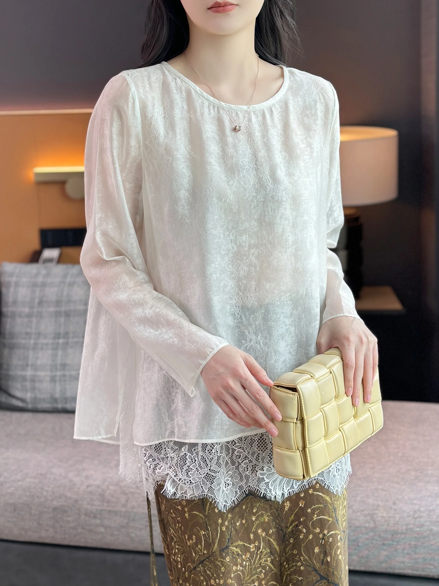 

Left Home Delicate Sexy Lightweight See-through Lace Patchwork Fake Two-pieced Silk Ge Sun Protection Cover up Shirt