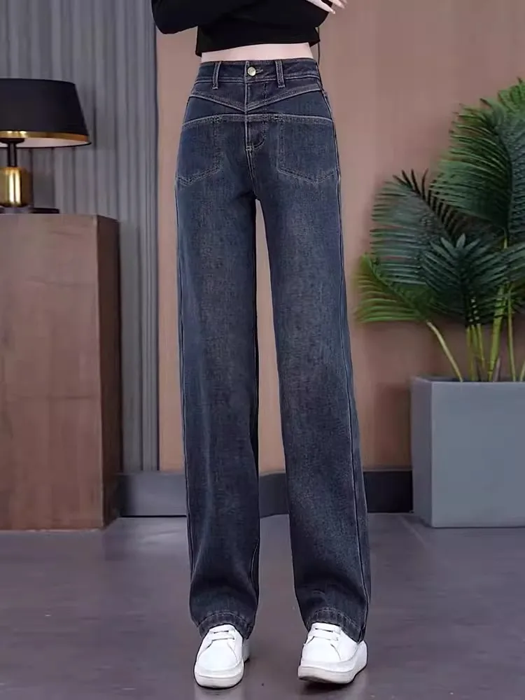 

Ретро джинсы с высокой талией для женщин, модные прямые повседневные брюки, износостойкие, для осени, весны и зимы, с деталями в виде карманов