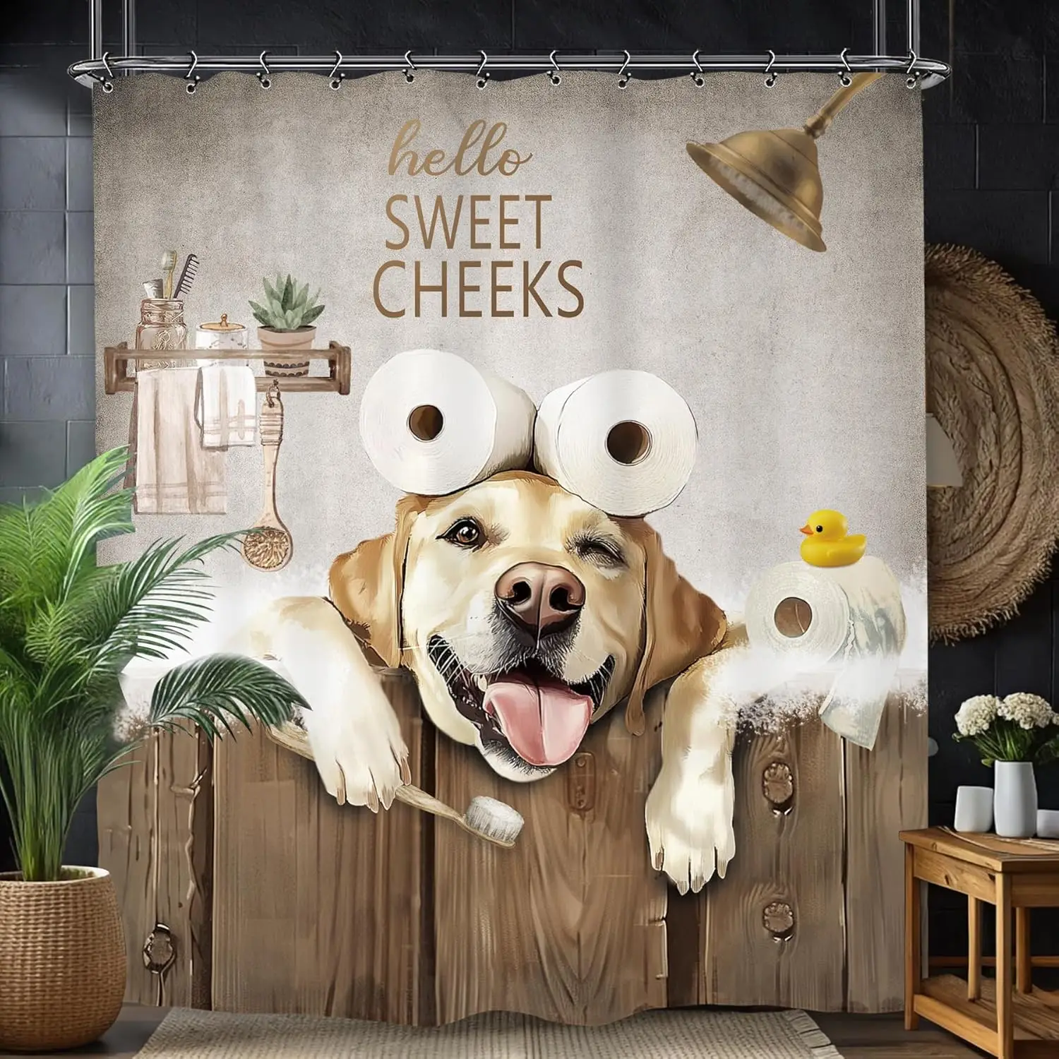 

Funny Labrador Dog Shower Curtain, Hilarious Rustic Farmhouse Sweet Cheeks Animal Bathroom Decor