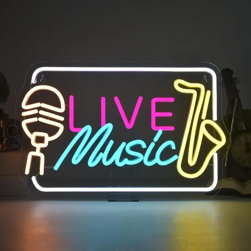 

Live Music Neon Sign - LED Wall Decor for Bar Stage DJ Party - USB/Plug in, Dimmable - Cool Nightclub Art Light