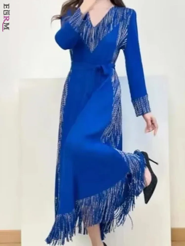 

EGRM эластичное плиссированное платье с v-образным вырезом и длинными рукавами, модные универсальные платья с кисточками, принт Miyake из золотой фольги, новинка 202, 5R7120