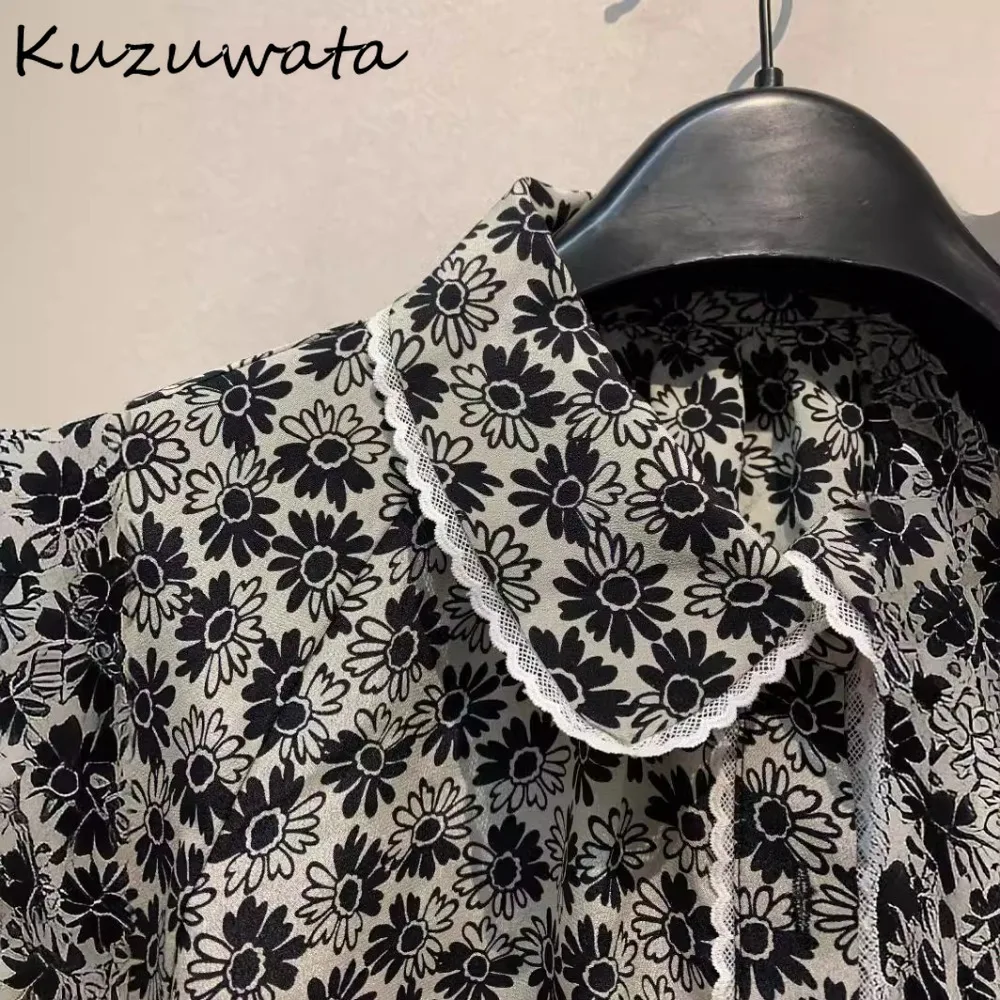 

Kuzuwata French Lazy Loose Slim Shirt Print Lace Patchwork Flower Women Clothing Japan Peter Pan Collar Loose Office Lady Blusas