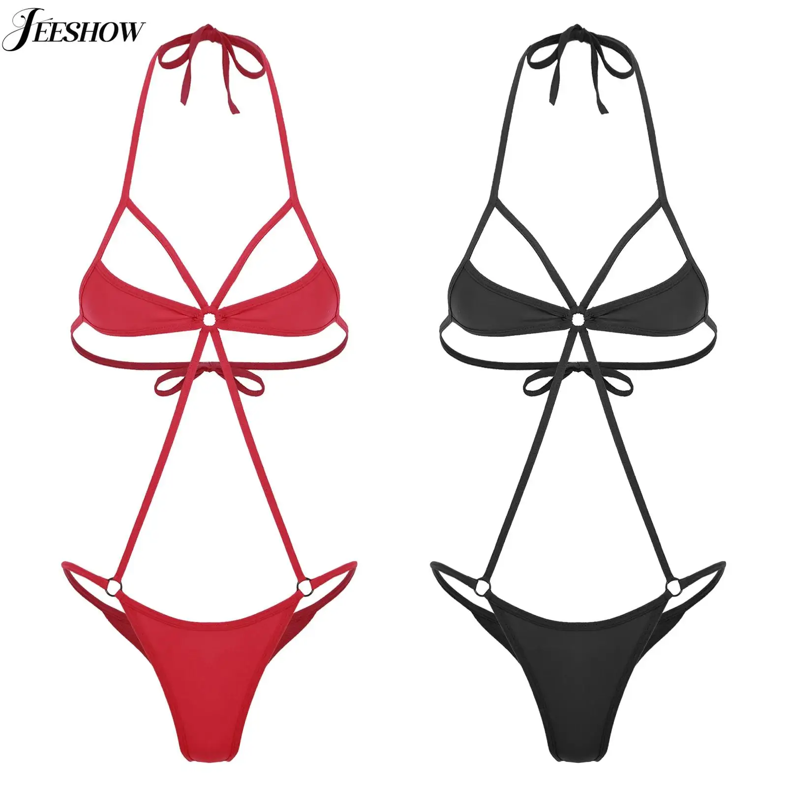 

Womens Sexy See Through Lingerie Bodysuit Lace-up Halter Neck High Cut T-back Leotard One Piece Hollow Out Teddy Monokini