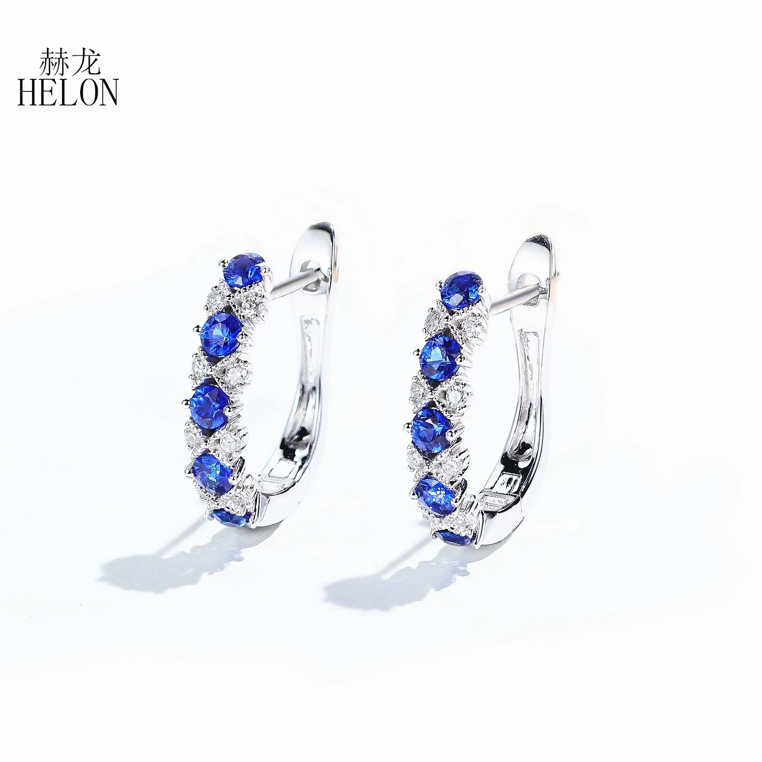 HELON Solid 14K AU585 White Golid 0.9ct Round Genuine Sapphires Diamonds Stud Earrings Women Trendy Beautiful Fine Jewelry Gift