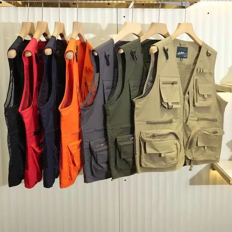 

Летний мужской повседневный жилет, однотонный сетчатый жилет с несколькими карманами в стиле пэчворк, дышащий жилет без рукавов для кемпинга, рыбалки, фотографии, топ