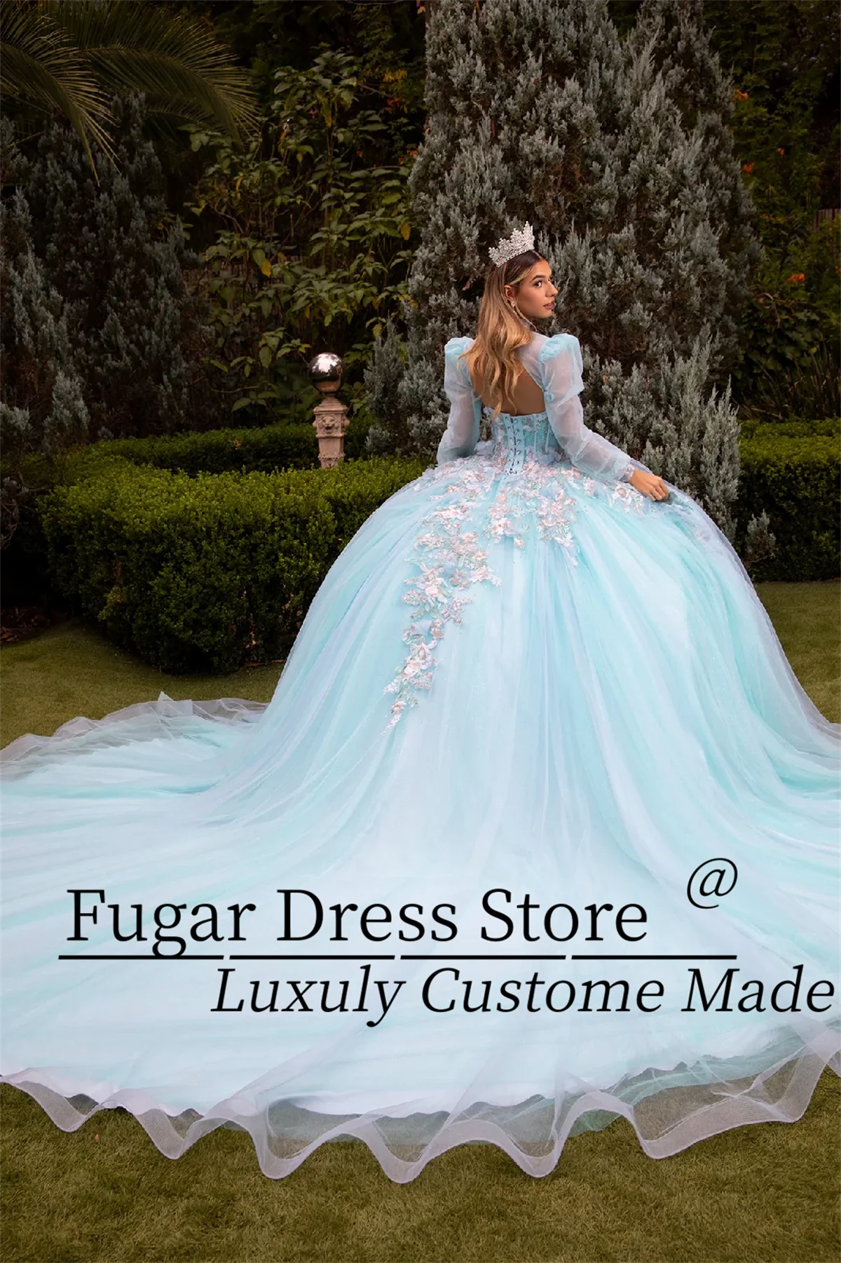 Ice Blue Princess Quinceanera Dresses 3D Flower decal long sleeved strapless dress Detachable Bolero jacket vestidos para niñas