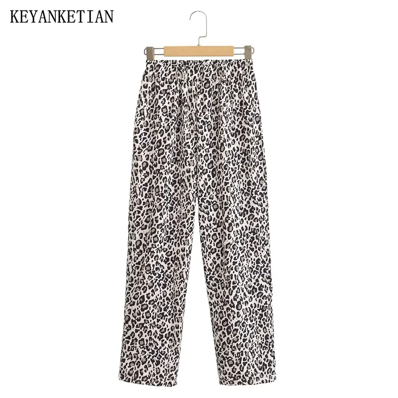 

KEYANKETIAN 2024 New Launch Women's Elastic Waist Leopard Print Trousers Retro style Pockets High-waisted Straight Ninth Pants