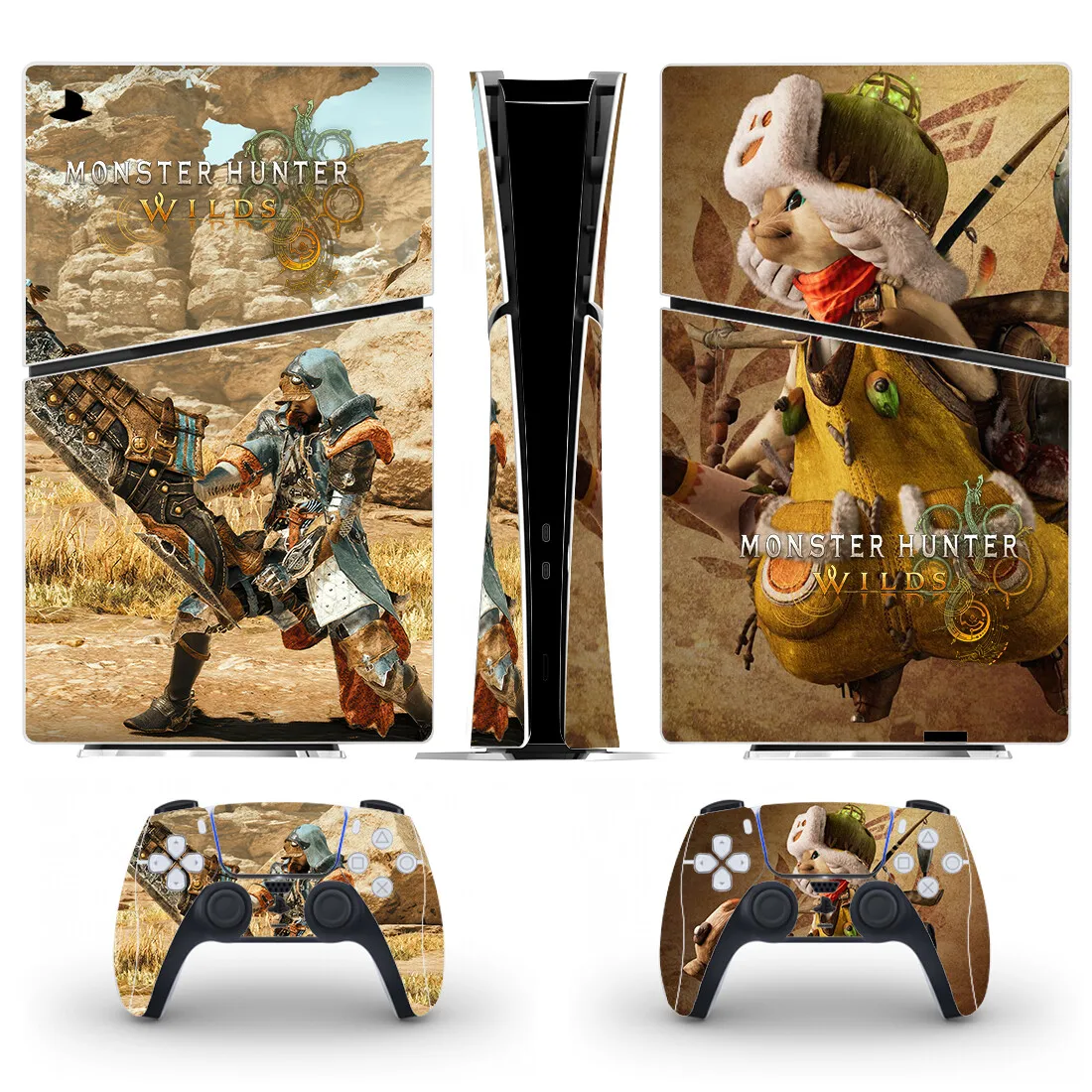 غطاء لاصق جلدي رقمي نحيف من Monster Hunter Wilds PS5 الجديد لوحدة التحكم و2 وحدات تحكم جديدة من الفينيل النحيف PS5