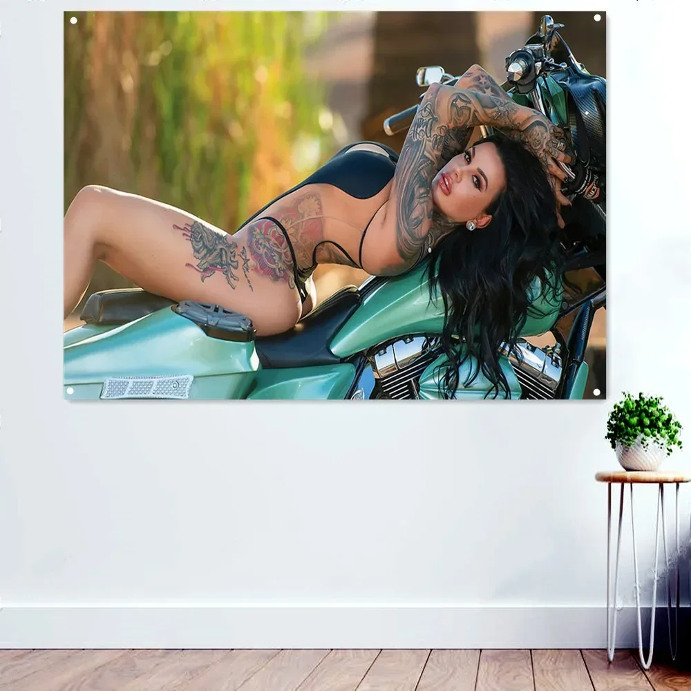 Sexy Motorcycle Tattoo Babe Posters & Prints For Boys Room Banner Wall Art Flag Pub Club Man Cave Bar Garage Wall Decor Painting