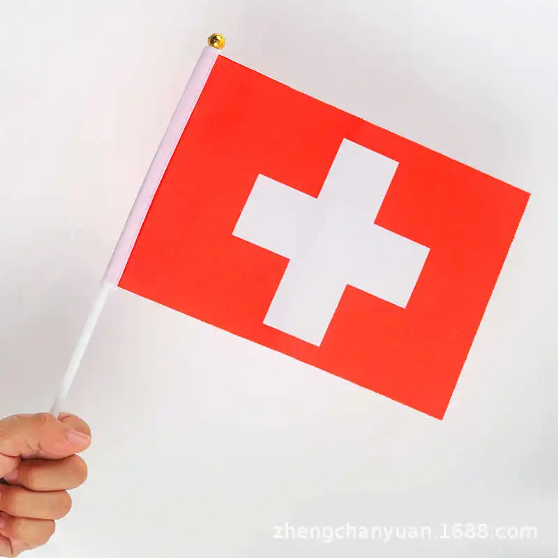 

10 Pack Switzerland Flag 14x21cm Polyester Hand Held Swiss Flags Mini Stick Flagpoles For Decoration Celebration Parades Sports
