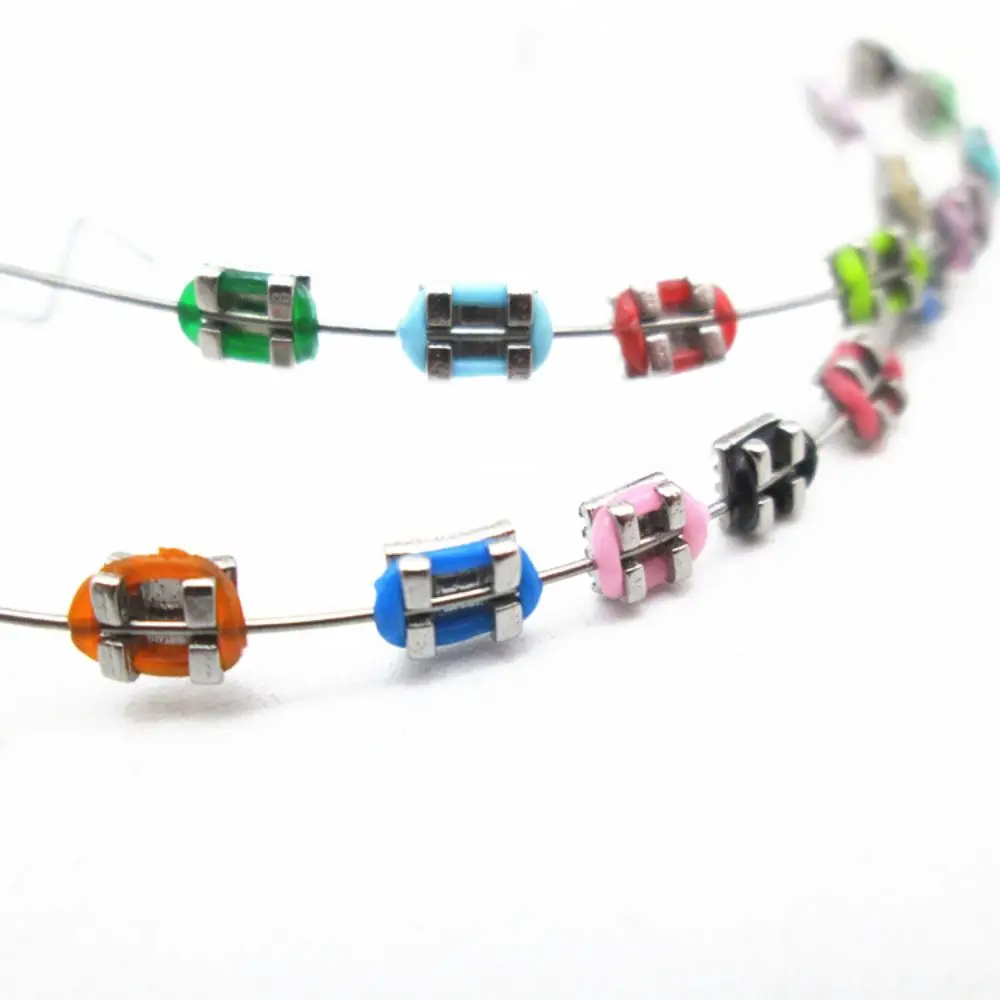 1 pair Colorful Temporary Tooth Decoration Dental Decorations Fake Brackets Orthodontic Ligature Ties with Metal Wires Braces