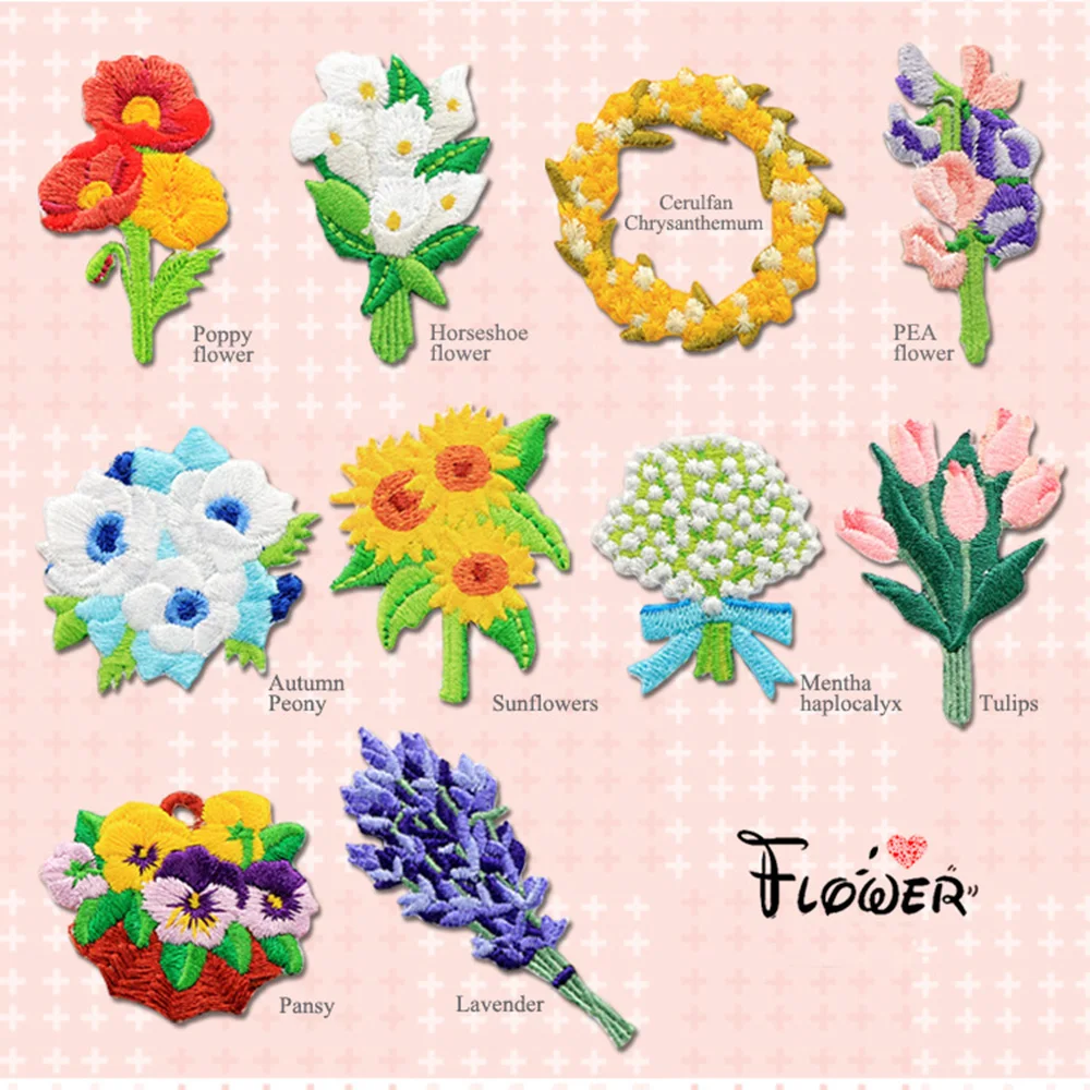 1 Piece Embroidery Flower Stick on Patch Cartoon Autumn Peony Lavender Poppy Cerulfan Mentha Haplocalyx for Clothes DIY Applique