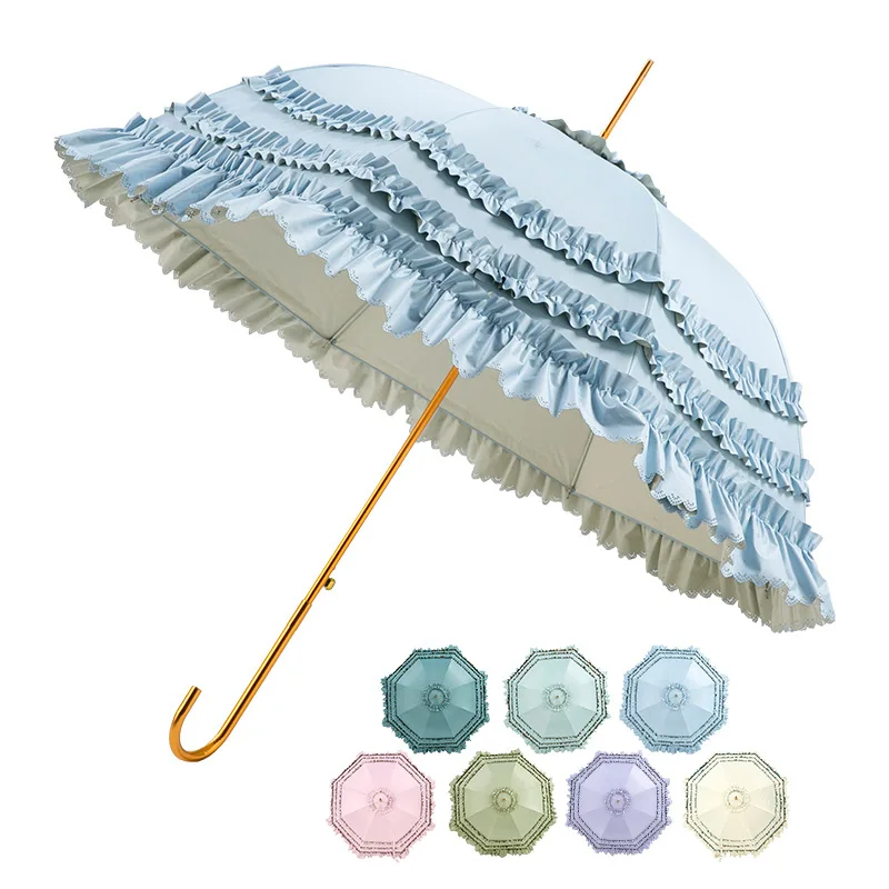 1PC Long Handle Lolita Parasol Double Layer Lace Princess Umbrella Color Coated Sun Protection Straight Pole Sun Umbrella
