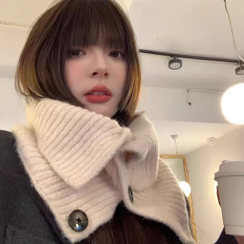المرأة محبوك وشاح من الصوف زر عالية وهمية طوق البلوز والأوشحة شتاء دافئ وشاح شال غطاء الرقبة الإناث