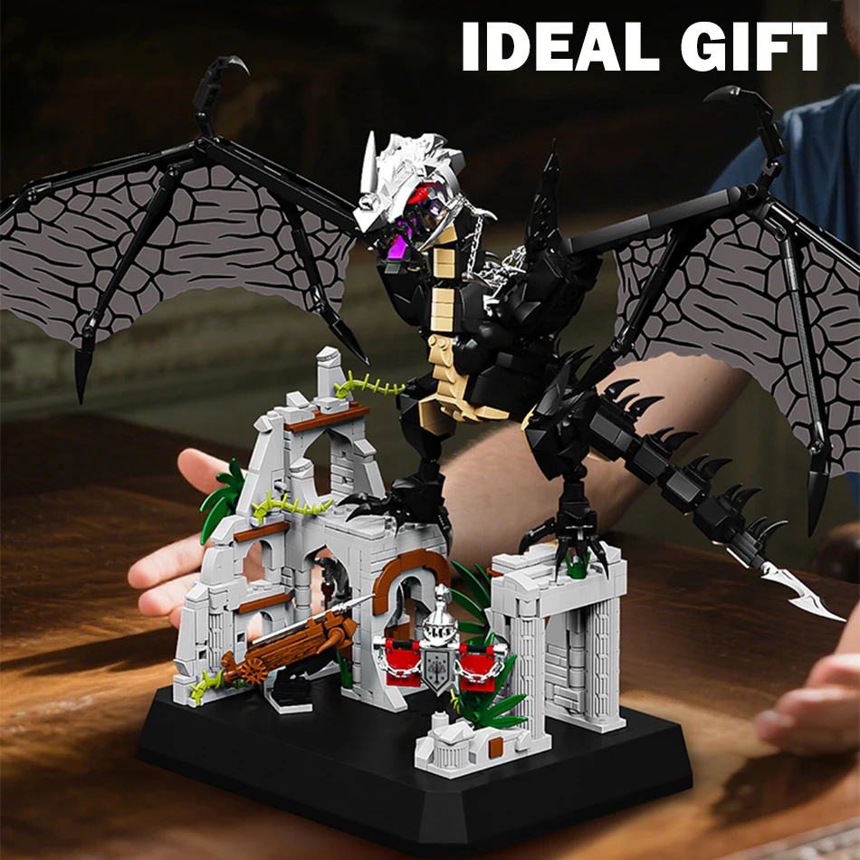 MOC Zły Smok Bestia Ruiny Zamku Scena Klocki Magiczne Pierścienie Zwierzęce Smok z Miękkimi Skrzydłami Cegły Zabawki Prezenty dla Dzieci i Dorosłych