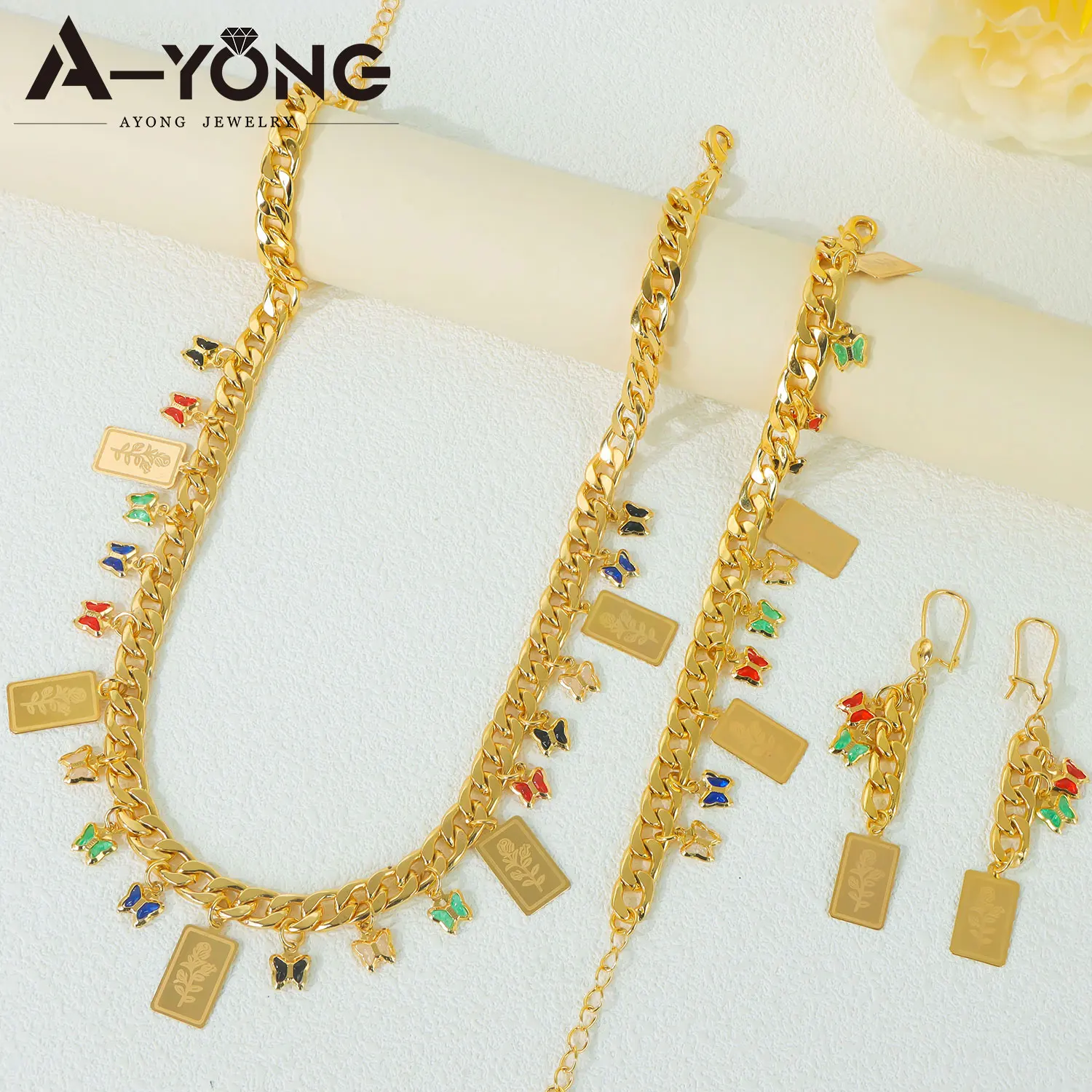 Arabisches Quasten-Blumenschmuckset, 24k vergoldet, elegante Zirkonia-Schmetterlingskette, Armband, Ohrringe, nigerianischer Hochzeitsschmuck – Detail 3