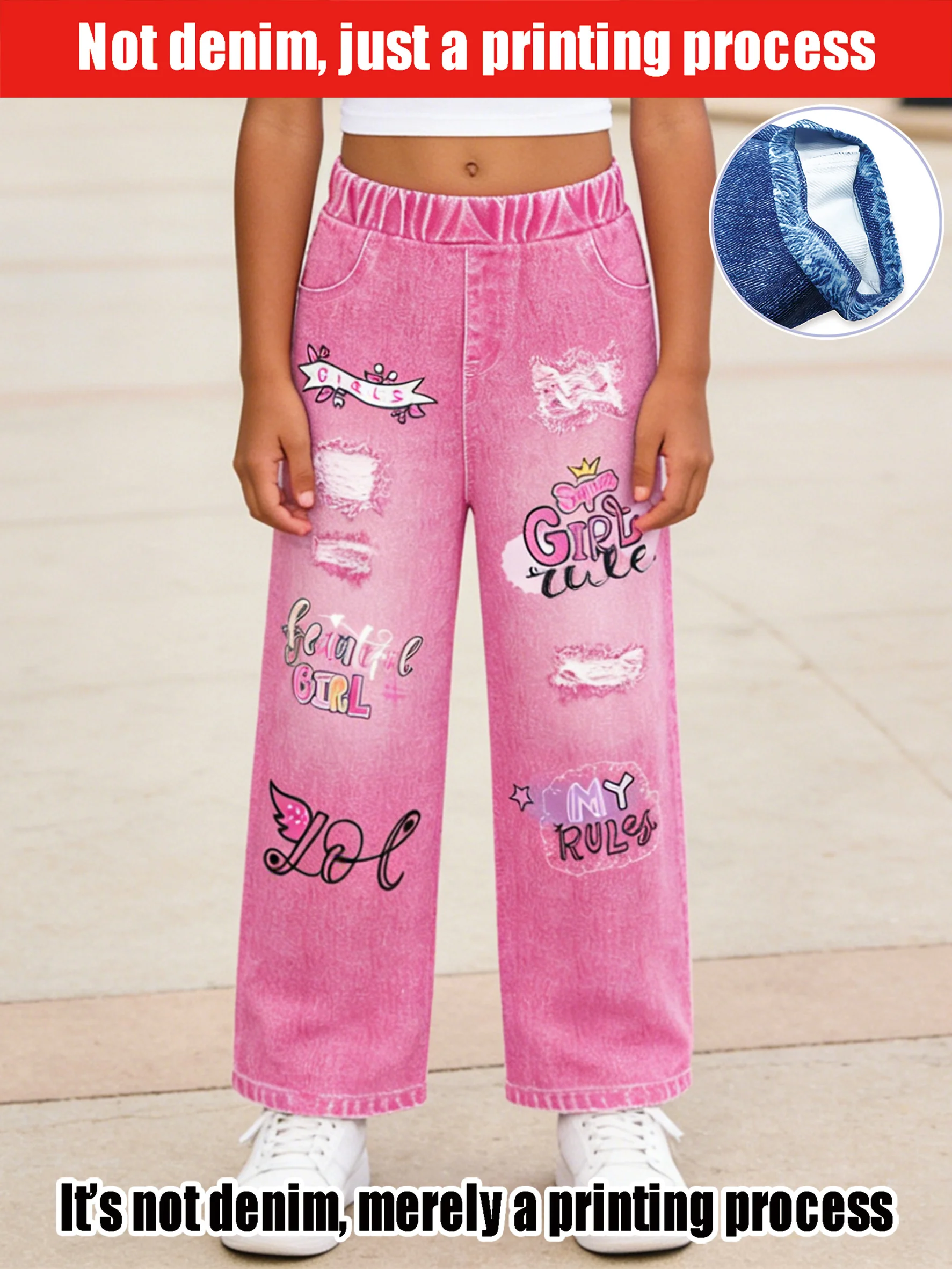 

2026 children's pink simulated denim wide-leg pants, old and broken, sweet vitality