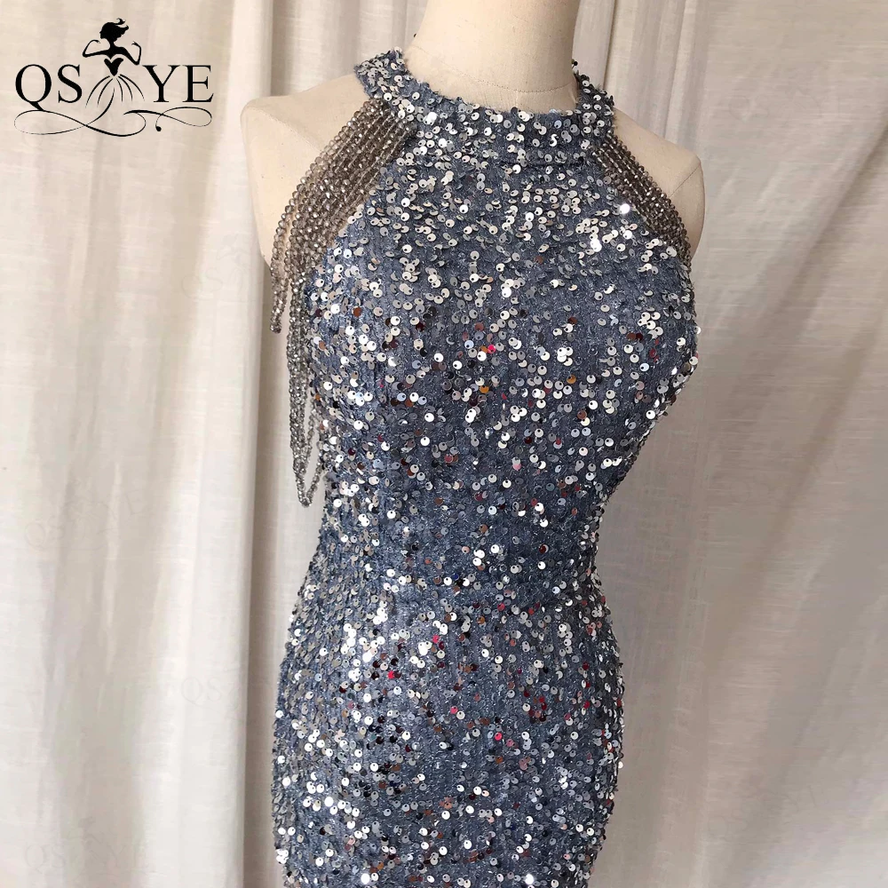 Sparkle Grey Short Prom Dresses Beading Straps/Sleeves Girl Gray Sequin Party Gown Sheath Short Cocktail Shiny Dress Casual Chic