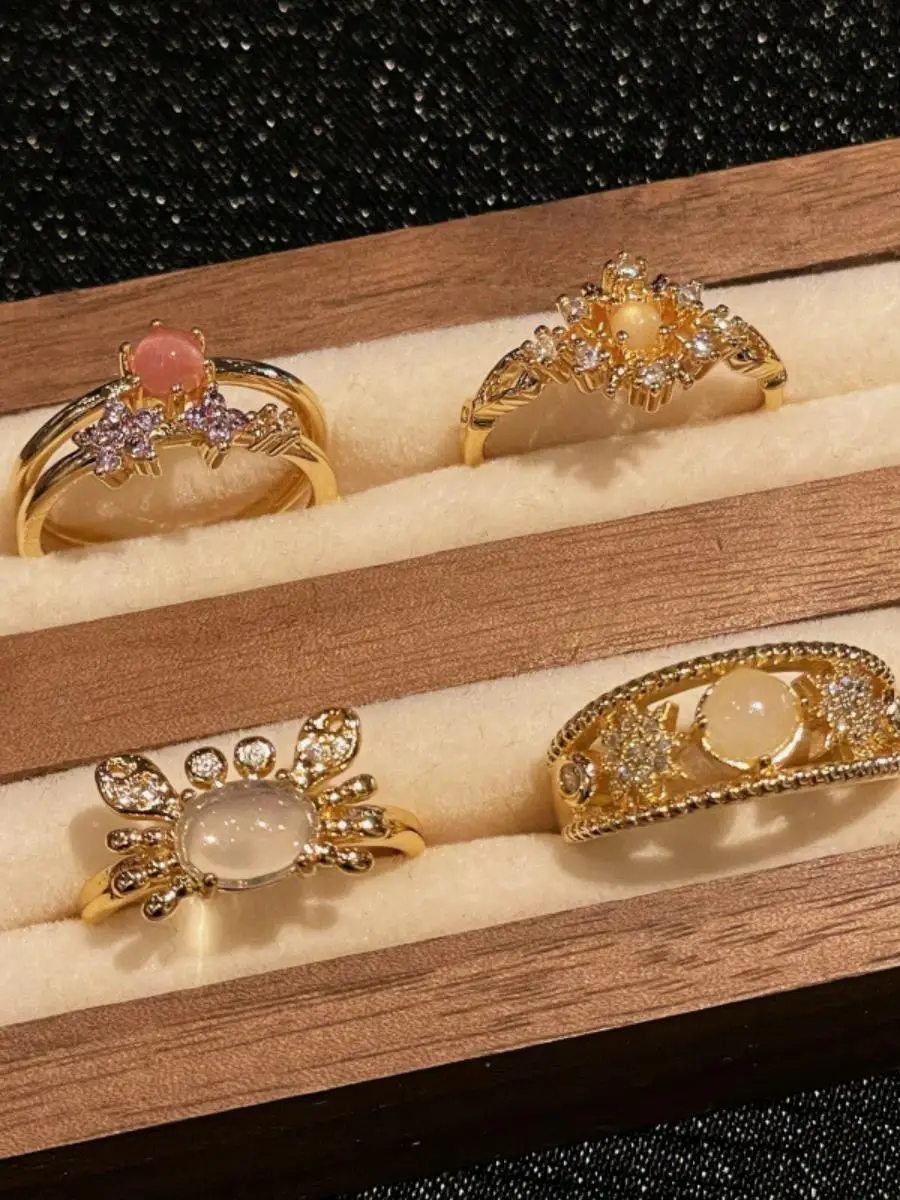 

New Chinese Style Moonstone Crab Vintage Court Open Ring Women's Design Diamond Zirconium Ring Fashionable Jewelry