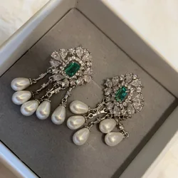 New square flower pearl tassel earrings for women