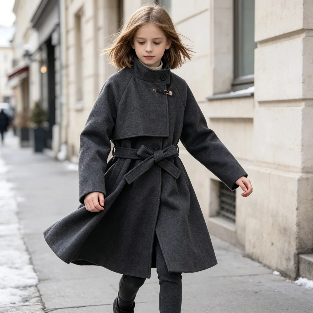 Girls Woolen Trench Coat with Cape Design Stand Collar Belted Long Overcoat Kids Elegant Winter Outerwear for Girls 2026 New