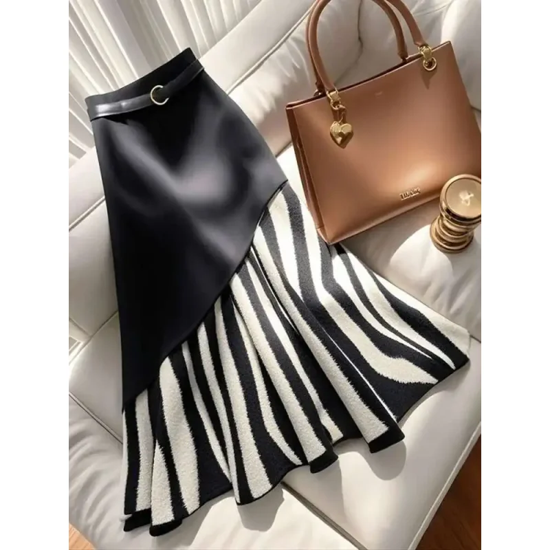 تصميم غير منتظم حزام ملفوفة الورك سليم حورية البحر تنورة المرأة 2025 ربيع جديد المد مخطط المرقعة نصف تنورة طويلة