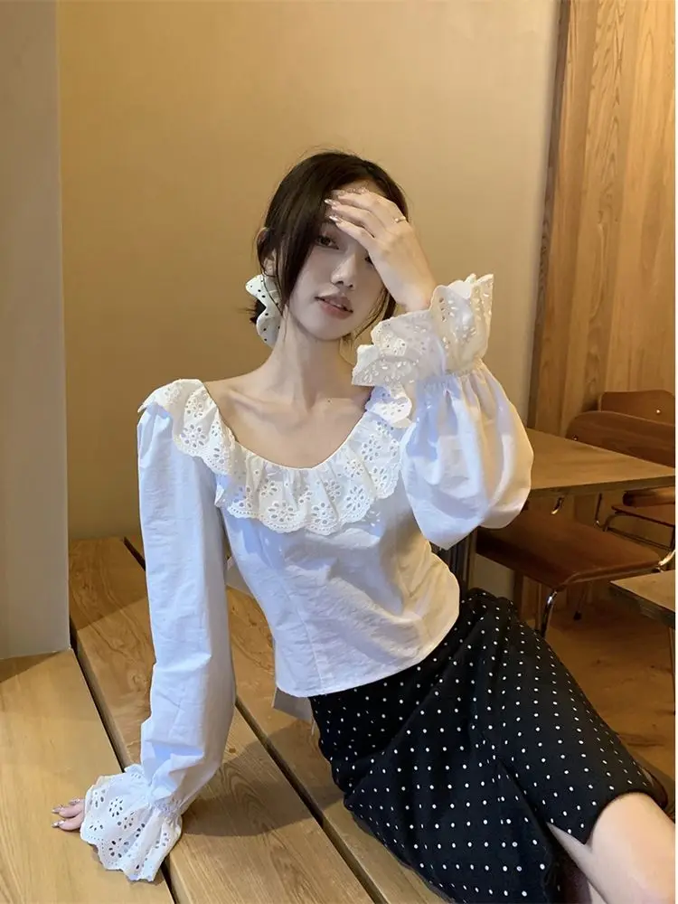 Summer Ruffled Shirt for Women V-neck 2024 New Long-sleeved Shirt for Women Sweet Romantic Trumpet Sleeves Two-wear Top