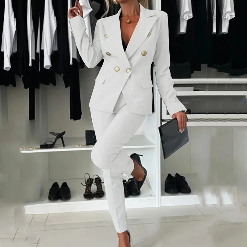 Autumn Fashion Button Commute Two Piece Sets Sexy V Neck Long Sleeve Tops+Pocket Pants Suit Elegant Solid Office Formal Outfits