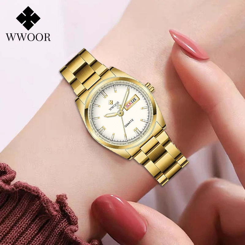 

WWOOR Top Luxury Fashion Women's Watches Gold Stainless Steel Waterproof Clock Ladies Quartz Bracelet Watches Relogio Masculino