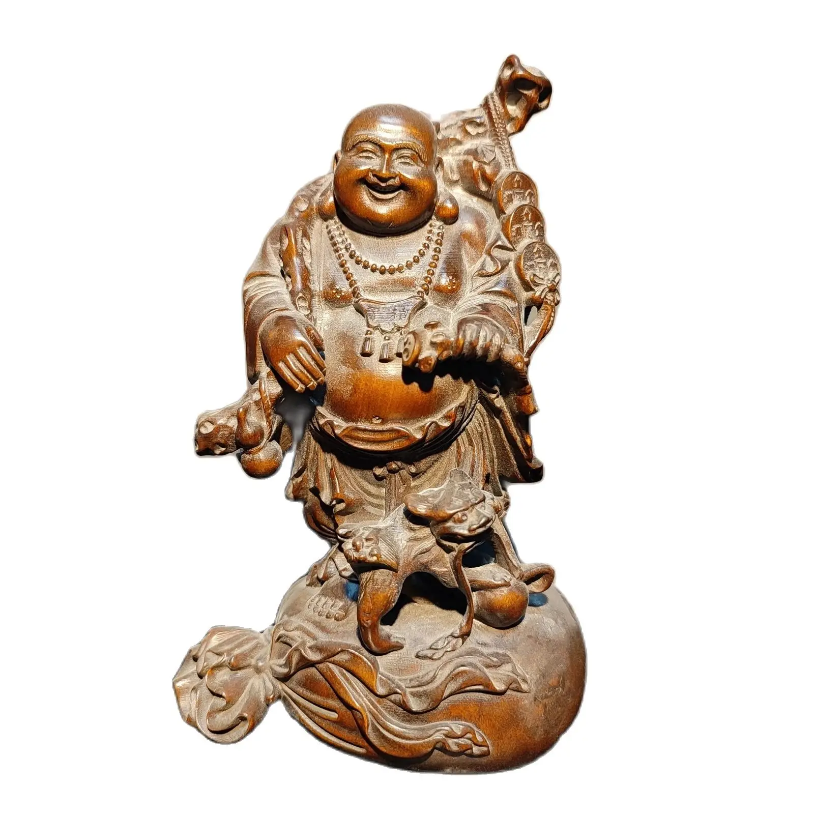 

Boxwood carving wooden laughing buddha Amitabha monk statue home decor figurines