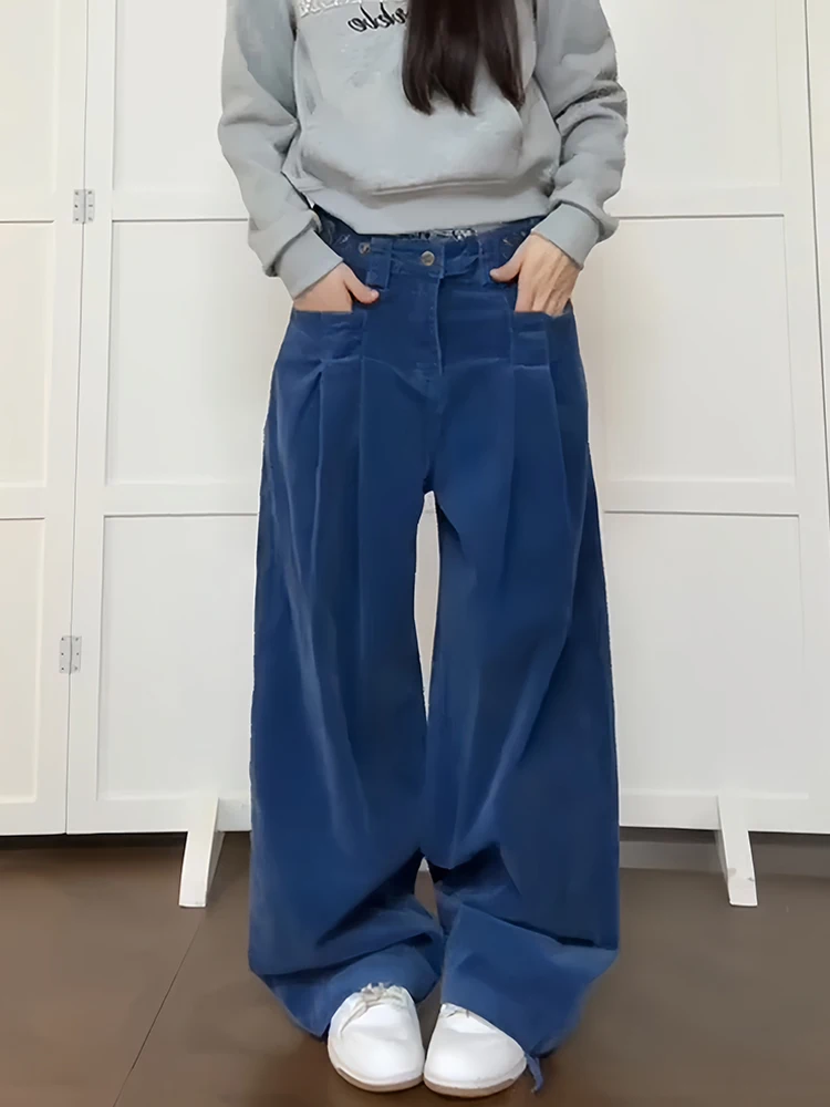 

Retro High Street American Sle Workwear Denim Pants Women's Autumn Wide Leg Pleated Long Trousers Vintage Look Jeans