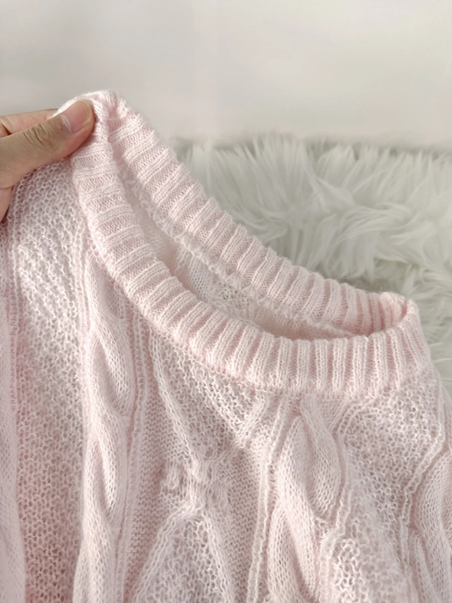 Pull en tricot doux de style paresseux rose pour femmes, pull rétro, torsades de pâte frite, classique, polyvalent, haut de base élégant, automne, nouveau, 2024