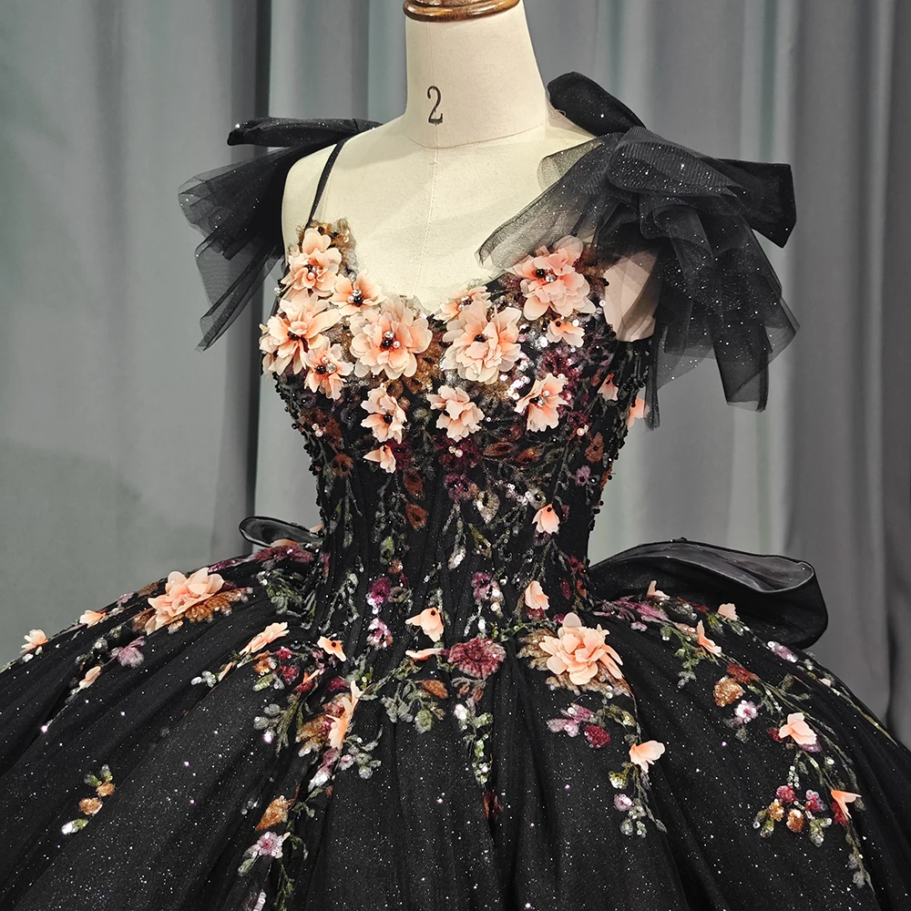 

Customized Black Floral Lace Evening Dresses Off The Shoulder Bow Quinceanera Dress Dy1255-1