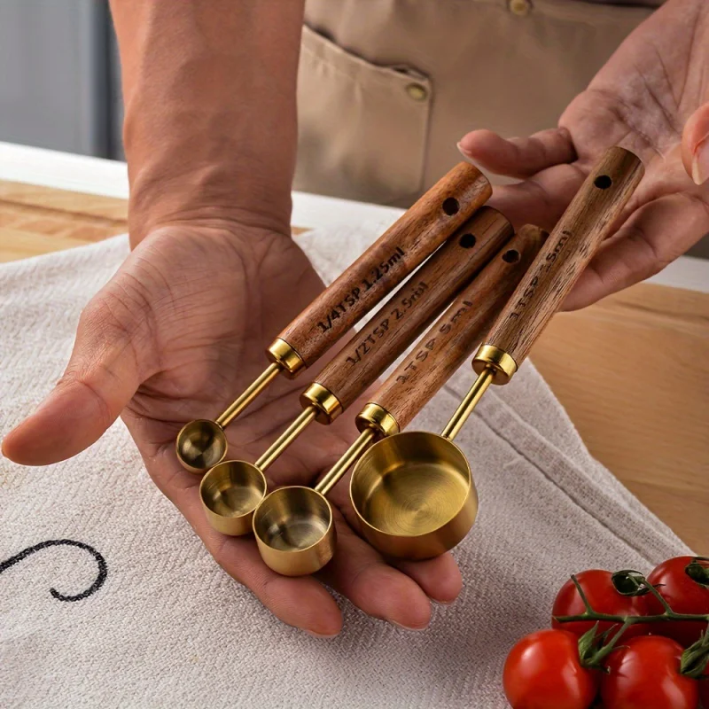 4-piece gold-plated stainless steel measuring spoon set with acacia wood handles-perfect for Cooking & Baking