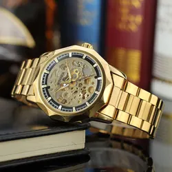 2024 Luxury Gold Stainless Steel Skeleton Mechanical Automatic Man Watches Fashion Classics Waterproof Male Clock reloj hombre