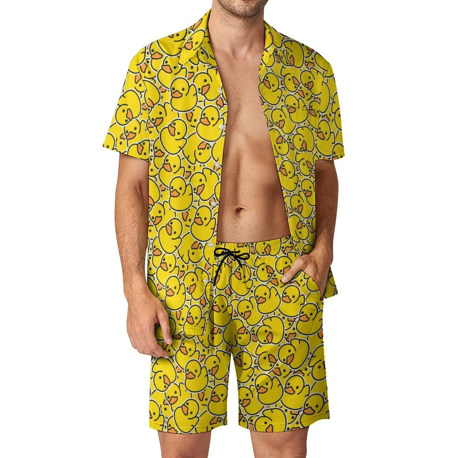 Hawaiian Cute Yellow Duckling Printing Short Sleeve Shirt+Shorts 2Pcs Set Lapel Button Casual Beach Vacation 2 Sets Men Clothing