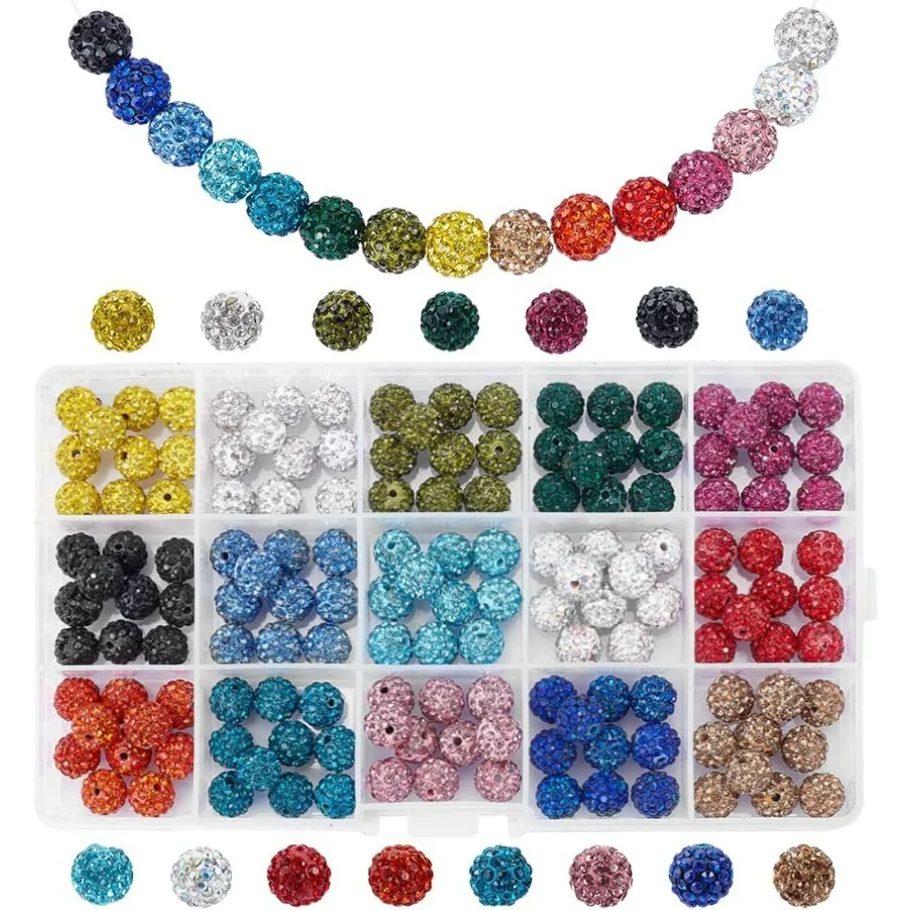 150pcs 15 Colors Rhinestones Beads 10mm Pave Disco Ball Clay  Polymer Clay Rhinestone Crystal