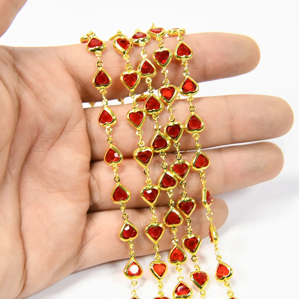 APDGG  5 Meters 7.5mm Red Glass Heart Crystal Gold Plated Copper Fashion Bezel Set Chain Paperclip Neck Necklace Making DIY