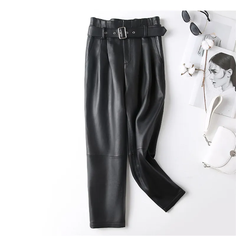 Women's High Waist Matte Sheepskin Leather Pants Ankle Length Trousers with Thin Belt Spring Autumn Fashion Smoke Pipe Style
