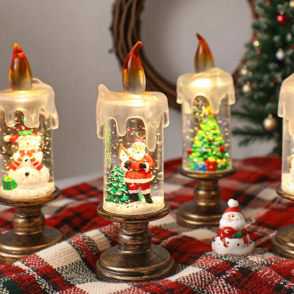 Battery Lighted Flameless Candles Christmas Snow Globe Candle Light Swirling Water Glittering Spinning Candles for Home Decor