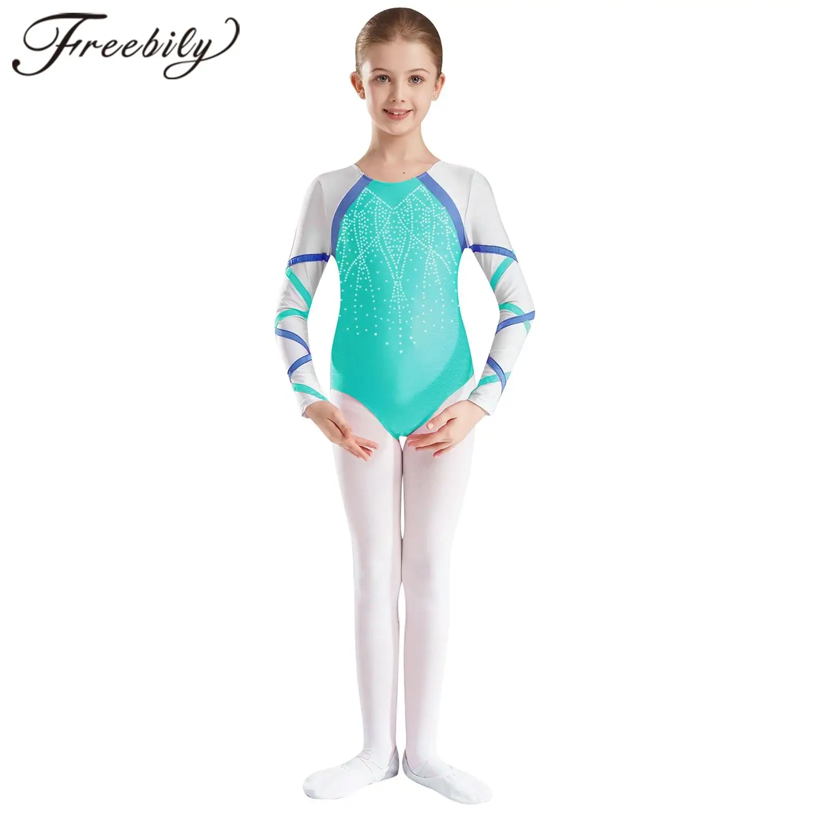 

Children Gymnastics Jumpsuit Performance Costume Kids Girls Rhinestones Figure Skating Leotard Teens Acrobatics Bodysuit