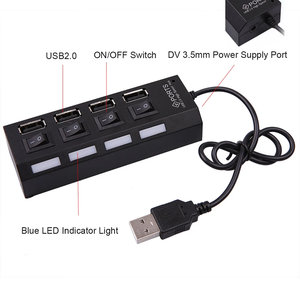 USB 2.0 Hub USB Hub Multi USB Splitter Hub Use Power Adapter 4/7 Port Multiple Expander 2.0 USB Hub with ON/OFF Switch For PC