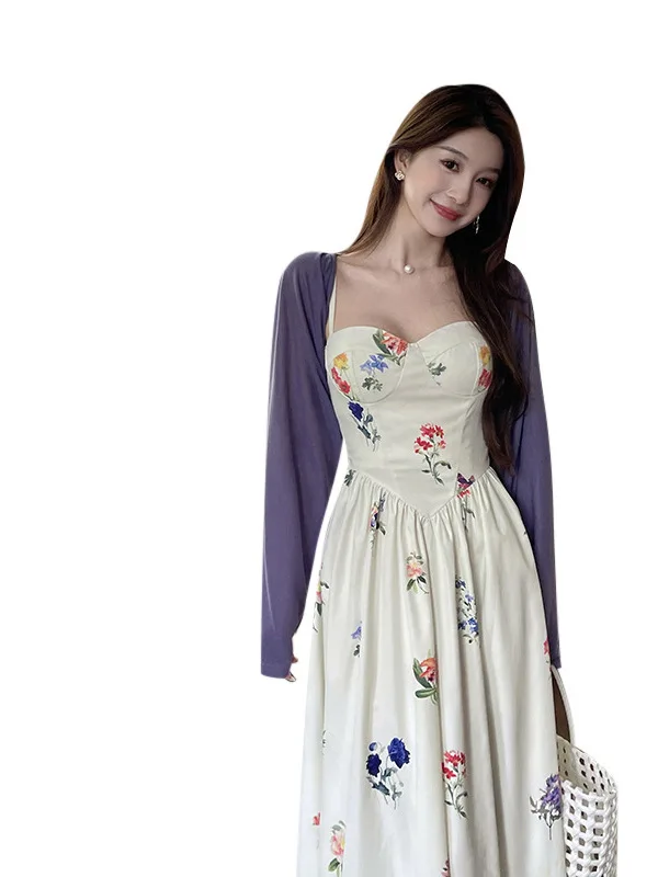 Vestido camisola de retazos florales Retro francés para mujer, falda acampanada de hada de estilo Pastoral elástico de verano, vestido plisado coreano Y2K