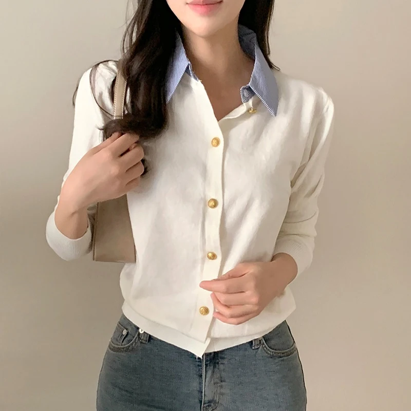 Korean Style Long Sleeve Turn Down Collar Shirt Women Stretch Fashion Autumn Tops Office Lady Elegant Knitted T-shirt For Women