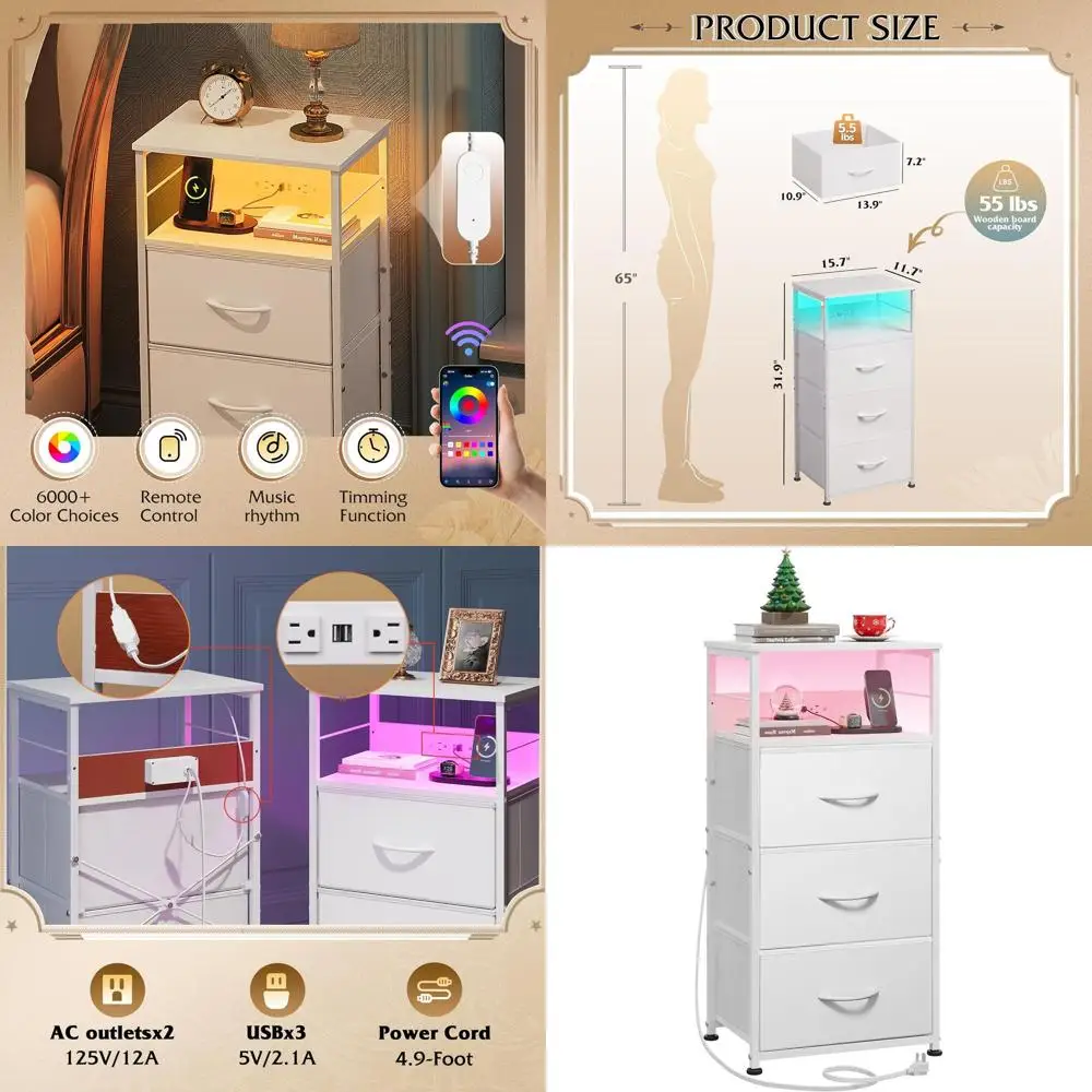 

Modern LED Nightstand with Charging Ports, 31.9 High, White, Suitable for Bedroom, Dorm, Entryway