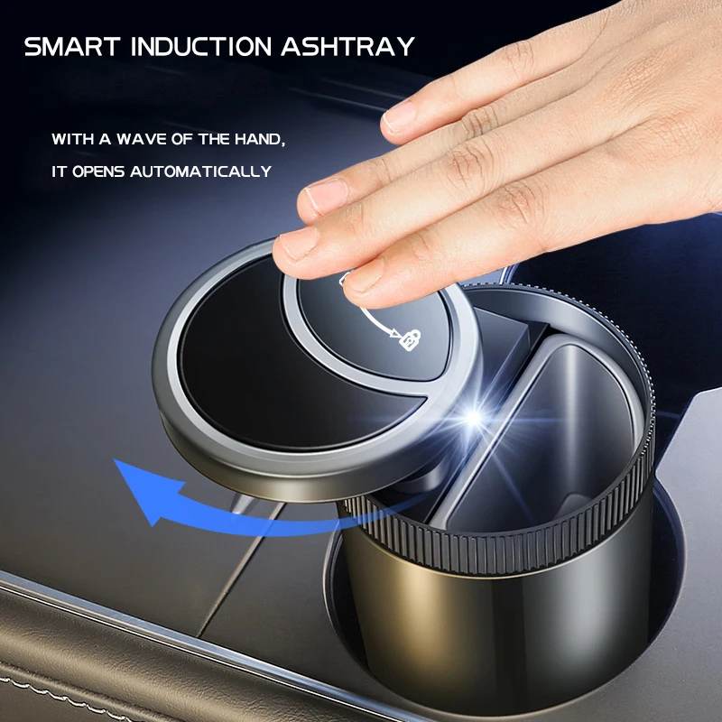 Wholesale Fashion Portable Smokeless Car Ashtray With Lid Mini Car Trash Can Detachable Stainless Steel Liner With LED Light