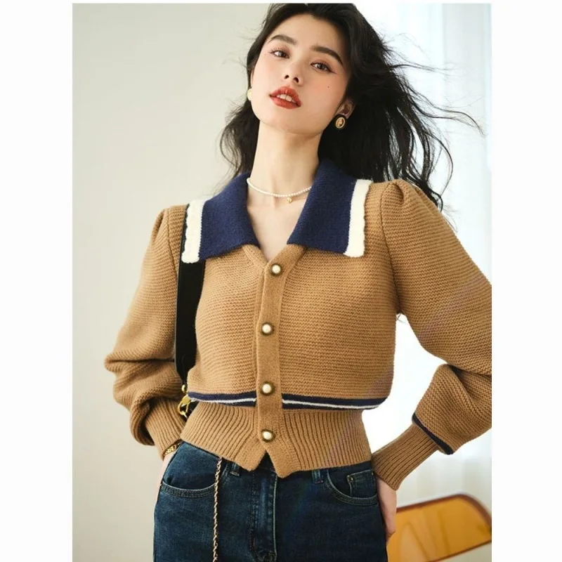 Women Autumn Korean Office Lady All-match Polo-Neck Cardigan Long Sleeve Knitwear Ladies Simplicity Appear Thin Knitting Coat