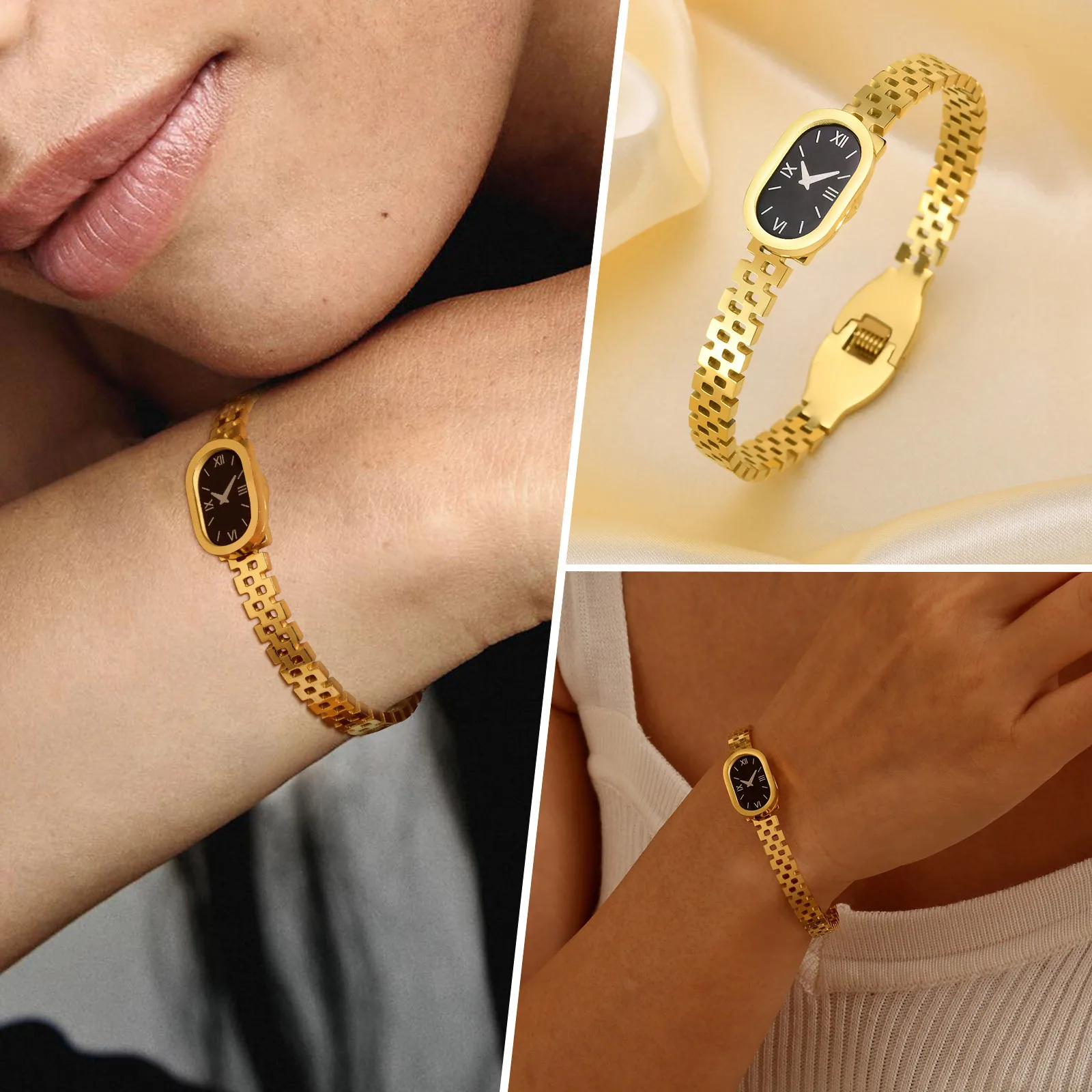 Women Fashion Stainless Steel Watch Shaped Cuff Bangle, Gold Color Metal Bracelets, Elegant Lady Wristband Jewelry Gift To Girls