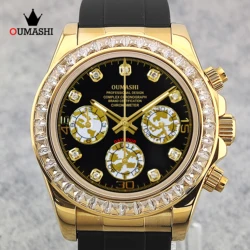 OUMASHI 42mm Diamond Gold Men’s Chronograph Watch VK63 Quartz Movement Luminous Sapphire Glass Waterproof Custom Logo Available